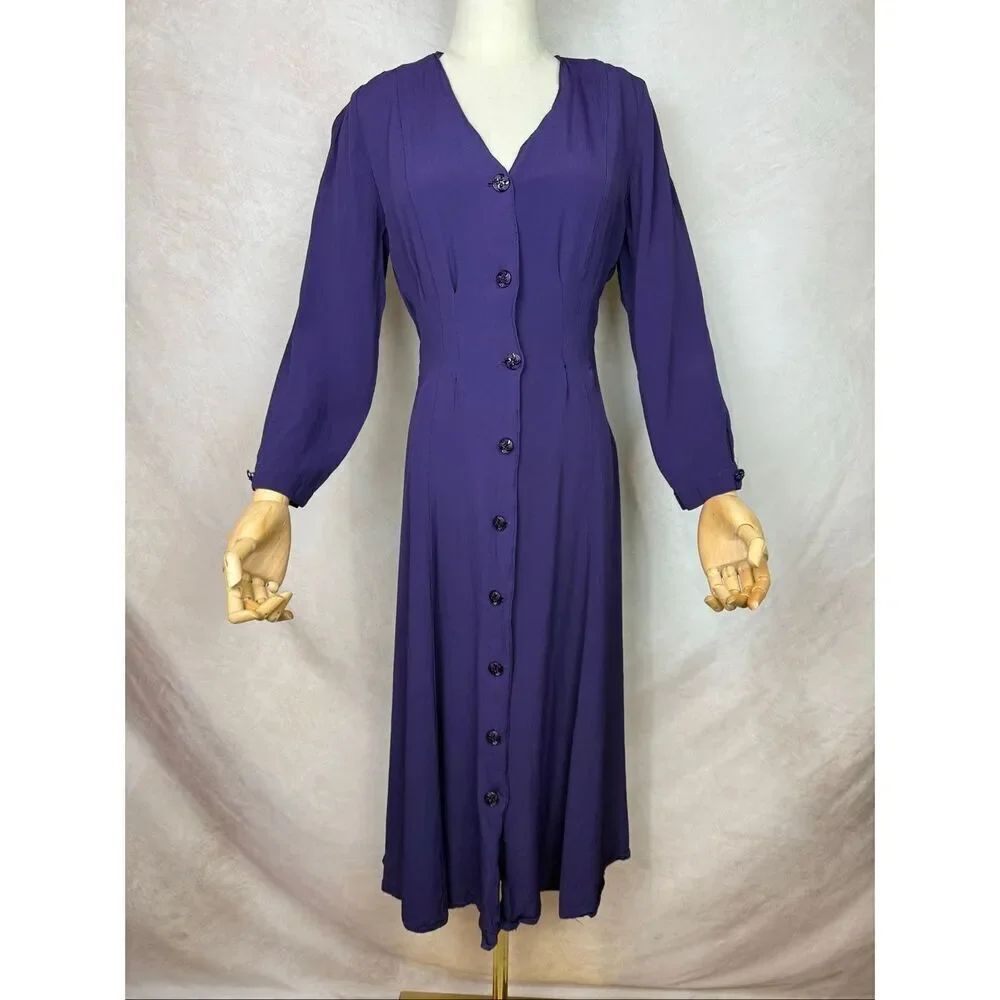 Vintage 1980s does 1940s Purple Dress Button Front Size Small 100% Rayon READ